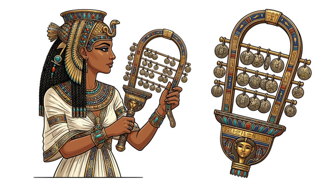 Egyptian queen holding ceremonial musical instruments and ornate sistrum