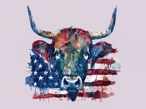 Patriotic longhorn bull watercolor portrait with American flag background, colorful steer head with stars and stripes, rustic western cattle illustration for Fourth of July and rodeo decor.