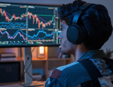 Young Man Analyzing Stock Market Charts with Headphones in Dim Lighting.