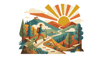 Obraz premium A lone hiker with a backpack and walking stick ascends a winding path through a vibrant, mountainous landscape with a stylized sun setting behind rolling hills