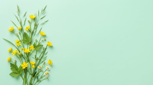 Flat lay composition of yellow wildflowers and green stems on a minimal light green backdrop.