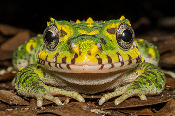 Naklejka premium Green frog, amphibian, wildlife, macro, leaf litter close portrait of rare species in protected habitat with vivid pattern
