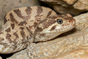 Naklejka premium Rattlesnake reptile snake scale rock desert wildlife closeup rattlesnake resting on rugged stone in arid habitat with patterned body