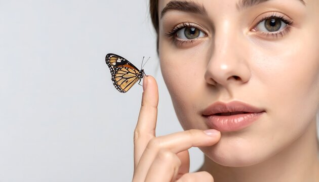 Retrato de mujer joven con mariposa posada en el dedo sobre fondo claro en una composici&oacute;n delicada de belleza natural