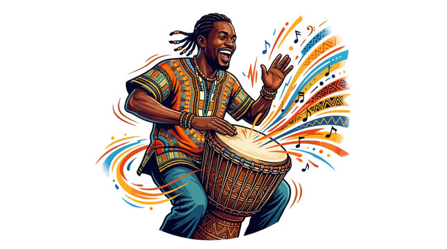 African American man playing djembe drum with colorful patterns and musical notes