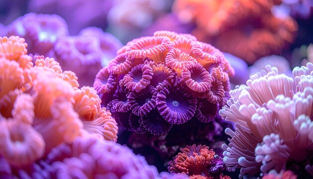 Corales de colores en primer plano con tonos rosas, violetas y naranjas en una composici&oacute;n submarina abstracta