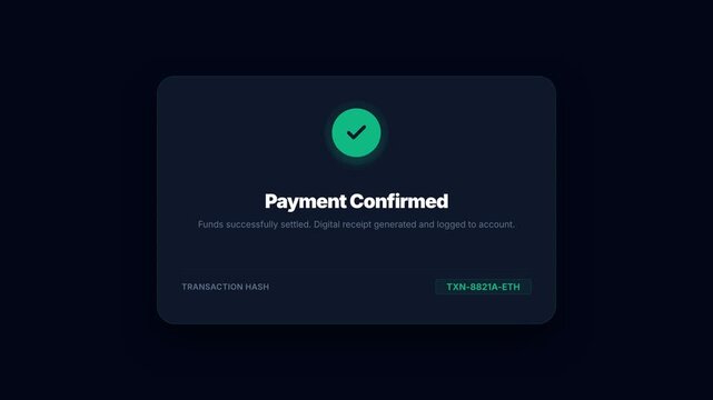 Digital Transaction Animation with Dollar Icon, Processing Status, and Payment Confirmation Screen, Representing Cryptocurrency, Online Payments, and Financial Technology