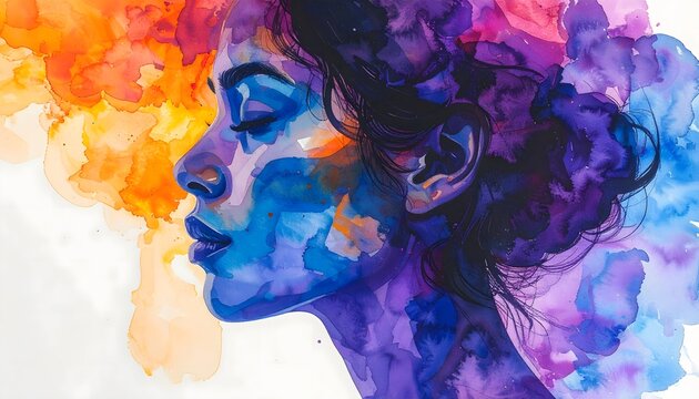 Retrato art&iacute;stico de mujer de perfil en acuarela con colores intensos y formas abstractas sobre fondo claro