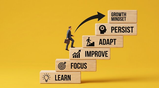 Businessman climbs wooden blocks representing personal growth stages: Learn, Focus, Improve, Adapt, Persist, and Growth Mindset.