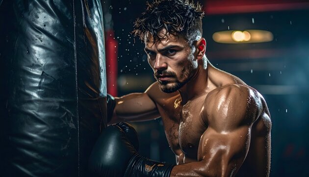 Boxeador entrenando con saco de boxeo en un gimnasio oscuro con iluminaci&oacute;n dram&aacute;tica y ambiente intenso