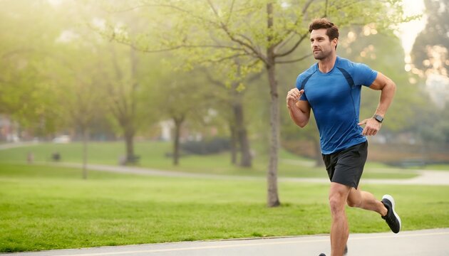 Hombre corriendo en un parque con ropa deportiva azul durante una rutina de entrenamiento al aire libre