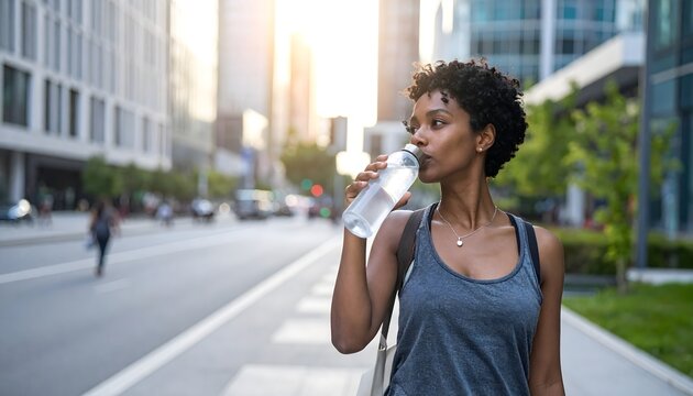 Mujer bebiendo agua de una botella reutilizable en una calle urbana con edificios modernos y luz de atardecer