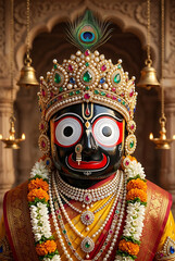 Obraz premium Lord jagannath idol face decorated with gold crown and peacock feather for traditional ratha yatra celebration and holy jagannath ratha yatra puja festival