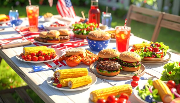 Mesa de barbacoa veraniega con hamburguesas, perritos calientes, ensalada y decoraci&oacute;n patri&oacute;tica al aire libre
