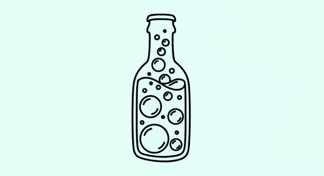 Minimalist hand-drawn black line art vector logo of a glass bottle containing a carbonated drink with rising bubbles and liquid inside, isolated on a light mint background.