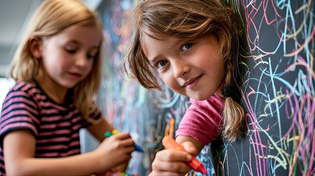 Two young girls drawing with colorful chalk on a vibrant blackboard wall indoors