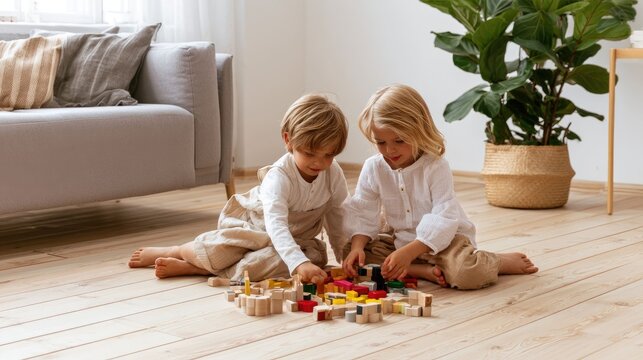 Two young children playing with wooden building blocks on light wooden floor in living room