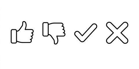 Minimal line style thumbs up down checkmark and cross icons set for user interface feedback symbols © Kabbo