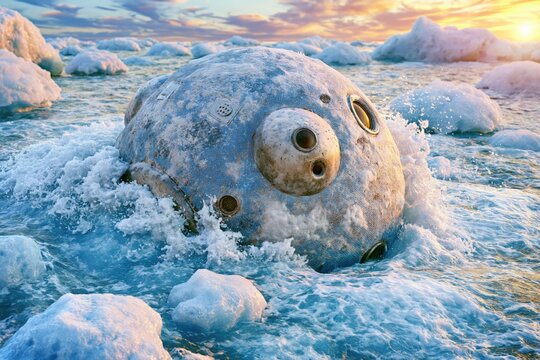 Large mysterious submerged underwater vehicle in icy arctic environment during sunset