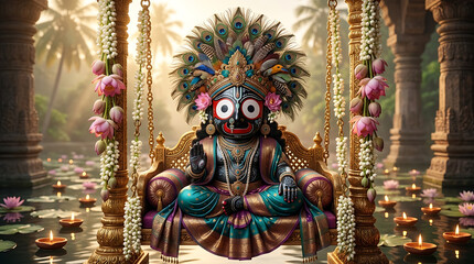 Fototapeta premium Majestic deity sitting upon a golden swing adorned with lotus flowers and peacock feathers during morning ratha yatra and joyful jagannath ratha yatra puja rituals
