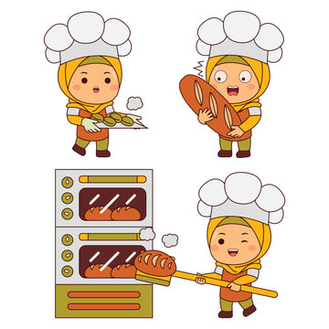 cute baker girl hijab cartoon character vector illustration