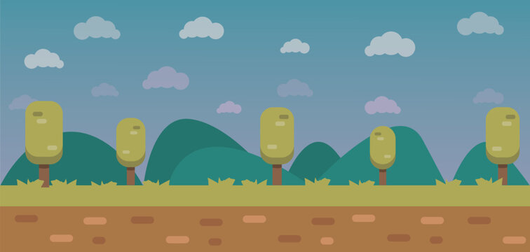 2D game background misty forest landscape. Parallax layered backdrop for mobile platformer. Vector cartoon turquoise mountains with trees and morning sky