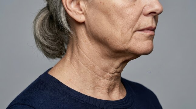 Woman's sagging neck skin and chin wrinkles emphasizing dermatological health.