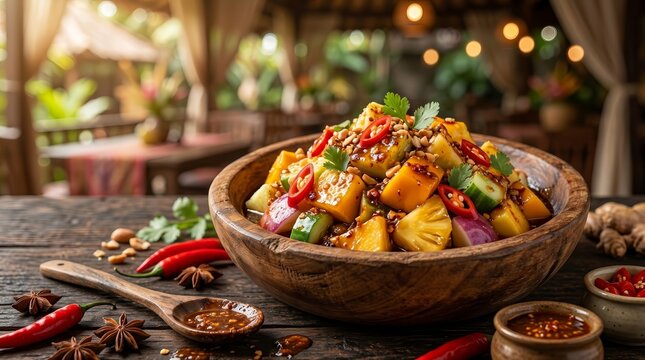 Assorted sliced fruits like pineapple and mango in Indonesian Rujak Buah with palm sugar chili sauce.