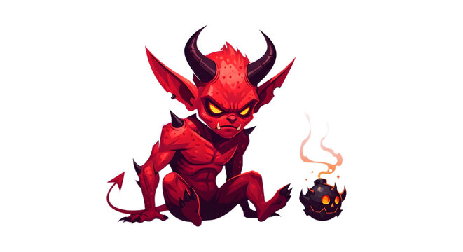 Cute cartoon red devil character with a small bomb isolated on transparent background