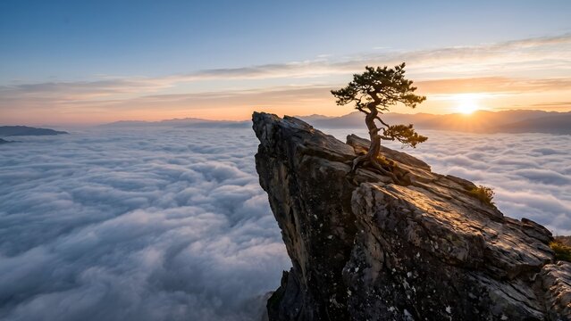 A majestic and serene landscape featuring a solitary, windswept pine tree growing on a sharp mountain cliff edge, overlooking a vast, endless sea of clouds during a golden sunrise in Japan.