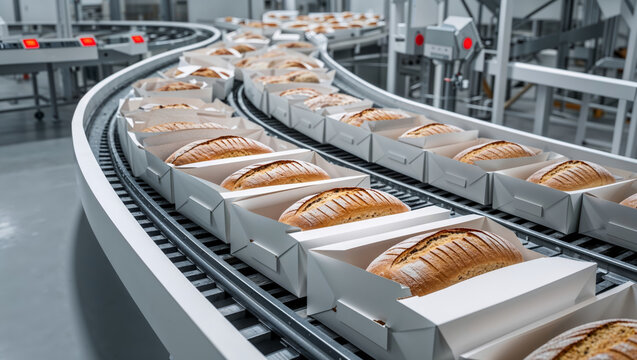 Automated bread production line with loaves moving on conveyor belts