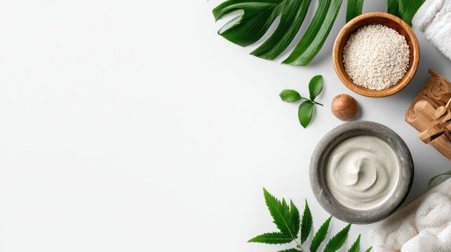 Spa and skincare products with aloe vera, clay, and natural elements on white background