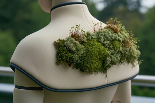 Fashionable mannequin with decorative moss and plant accessories for outdoor display