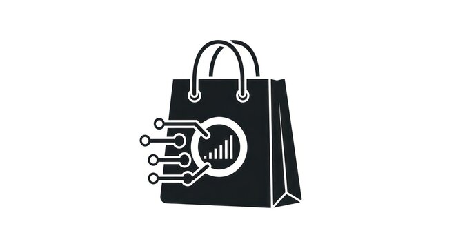 Digital shopping bag icon with data analytics and connectivity symbols representing e-commerce and