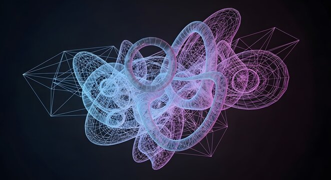 Abstract glowing digital neon wireframe mesh particle cloud structure 3D render