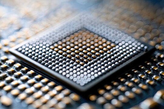 Close-up of a computer processor chip with intricate detail and metallic surface