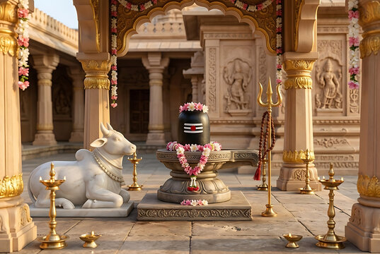 White marble nandi bull gracefully faces a beautifully adorned shiva lingam with trishul inside a bright sunlit traditional temple courtyard honoring mahadev for maha shivratri