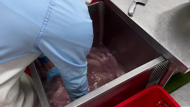 Worker washing raw pork during ingredient preparation before food manufacturing operations. Raw material handling process supporting food hygiene, quality control, and large-scale food production.