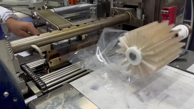 Technician testing a packaging sealing machine using empty plastic bags during maintenance and equipment adjustment. Verification process performed before production restart to ensure sealing performa