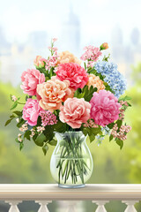 Fototapeta premium Flower vase balcony spring sunny bouquet floral glass pastel serene flower vase on sunny balcony with pastel bouquet