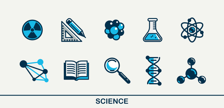 Science vector detailed icons set, physics and chemistry bundle, mathematics and geography study education.