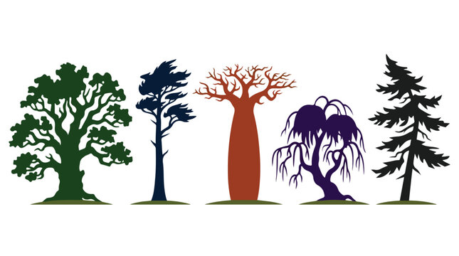 Set of diverse tree silhouettes isolated on white background. Different types of trees including oak pine baobab and willow. Nature elements for landscape flat design.