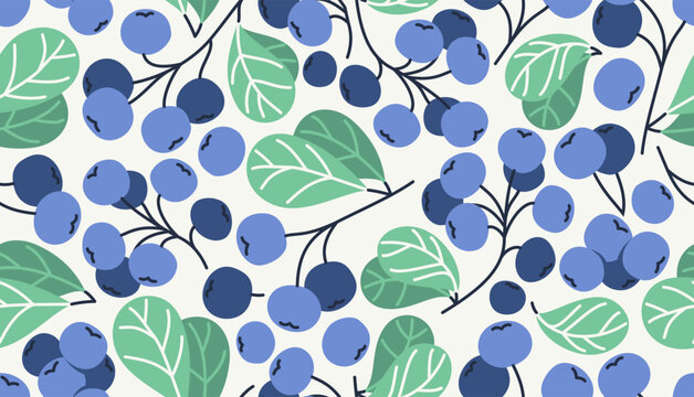 Blueberry seamless background, vector blue wild forest berries tiling wallpaper, elements easy to use separately as an illustration.