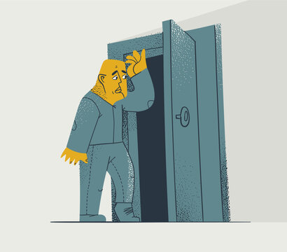 Hesitant person standing near doorway before entering unknown space. Conceptual illustration about fear of change, uncertainty, difficult decisions, anxiety and stepping outside comfort zone.