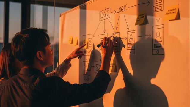 UX Design - Asian Designers Collaborating on Mobile App Wireframe Flowchart on Whiteboard with Sticky Notes