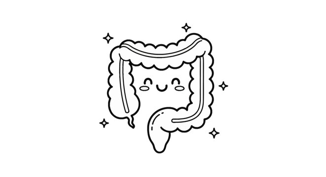 Hand-drawn vector illustration of a happy human large intestine with a smiling face and sparkles, minimalist black line art on white background, representing digestive gut health.