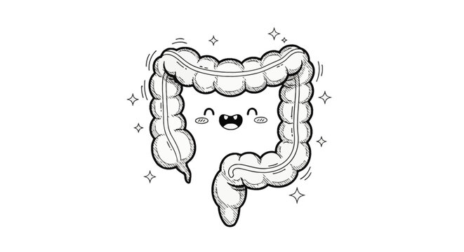 Hand-drawn vector illustration of a smiling human colon character with a cute kawaii face and decorative stars, representing gut health and digestive system, on white background.