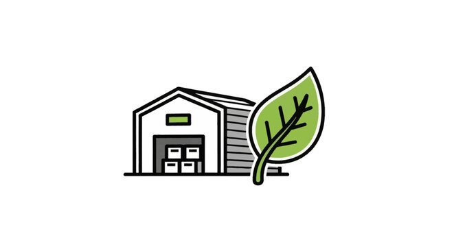 Sustainable warehouse vector logo featuring an industrial building with boxes and a large green leaf, representing eco-friendly logistics, green storage, and environmental supply chain solutions.