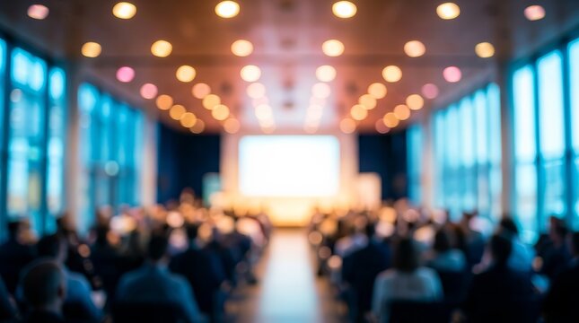 Blurred conference hall interior with bokeh lights suitable for scientific themes.