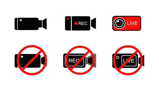 Video camera recording icons set, live stream and rec symbols, no photography and no filming prohibited signs, flat vector illustration